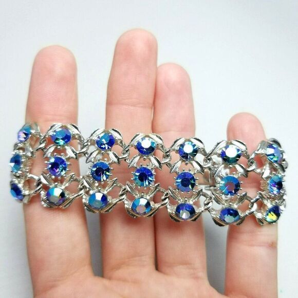 Vintage Wide Blue Rhinestone and Silver Tone Panel Bracelet, Retro 60s 70s Style - Picture 1 of 7